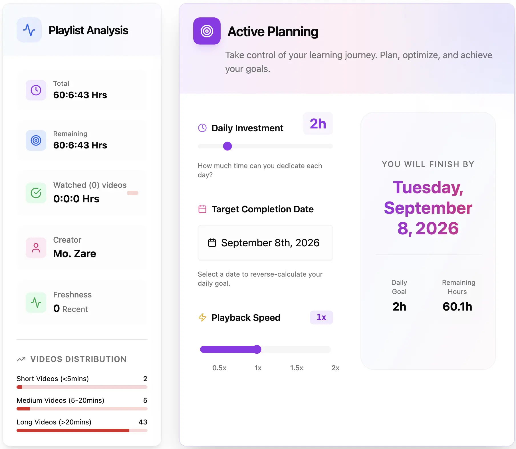 Plan your YouTube playlist viewing schedule with our calculator β see total duration, playback speed estimates and daily watch goals